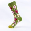 Calze a metà polpaccio verde erba con fiori rosa e polsini a costine da donna - Floreale Multicolore Verde Erba