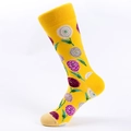 Bright yellow mid-calf socks featuring purple floral patterns and contrasting beige toe - Bright Yellow Purple Floral