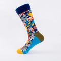 Vibrant floral cotton crew socks with colorful contrast heel, toe and ribbed cuff accents - EU Size 40-46 / Hand-linked Royal Blue Top Olive Green Heel Floral