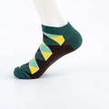 Colorful geometric diamond pattern ankle sock in green, yellow and brown cotton blend - EU Size 40-46 / Hand-sewn Black with Dark Green Heel & Toe