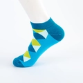 Low-cut ankle sock featuring a vibrant blue geometric diamond pattern and ribbed cuff - EU Size 40-46 / Seamless Light Blue with Deep Blue Heel & Toe