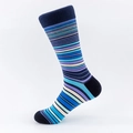 Striped mid-calf cotton socks in navy, purple, and cream colorway with ribbed cuffs - EU 41-46 / Blue Base Contrast Stripes (04 Seamless)