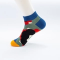 Colorful geometric pattern low-cut cotton ankle sock on white mannequin foot - One Size (36-43) / 01 Yellow Toe Blue Cuff