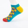 Pop style low cut socks in teal with geometric yellow and red block patterns - EU 39-46 / Color Block (Red Toe Yellow Heel)