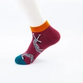 Burgundy cotton low cut socks with orange ribbed cuffs and yoga character patterns - One Size (36-43) / 15 Gymnastics