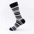 Mid-calf cotton crew socks featuring navy blue, grey, and white horizontal stripes - EU 41-46 / Grey Black White Stripes (01 Handmade)