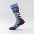 Navy blue crew sock with killer whale pattern and contrasting burgundy toe and heel - EU Size 36-43 / Orca Whale and Waves Creative Pattern (04)