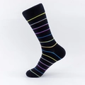 Navy blue mid-calf socks with colorful horizontal stripes and ribbed cuffs for men - EU 41-46 / Black Base Multi-color Thin Stripes (03 Handmade)