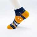 Dark blue knit boat socks with yellow smile face and Keep Smiling text on white model - One Size (36-43) / 02 Smile Face
