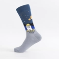 Navy blue and grey crew sock featuring space patterns like rockets and stars - One Size (EU 39-46) / Rocket Pattern (Color Block)