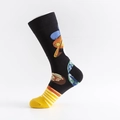 Black mid-calf cotton socks with retro geometric patterns and yellow stripe details - One Size(39-46) / Planet Color Block