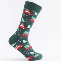 Dark green Christmas crew socks with red car and snowflake patterns on a foot model - One Size(41-46) / Green Christmas Gift