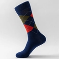 Classic navy blue argyle crew socks for men featuring red and green diamond knit patterns - Navy Argyle