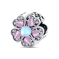Macro detail of petal charm with pink heart zircons and moonstone on silver band - Pink Flower Bead (PAC955)
