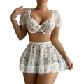 Sexy tweedelige witte bloemen pyjamaset met transparante mesh top en rok voor dames - S / Wit