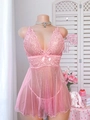 Detalle del camisón de encaje rosa con lazo de cinta y tejido de malla suave y fino - S / Rosa