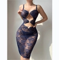 Donkerblauwe kanten lingerieset met metalen ringdetails en bloemenpatronen - S / Marineblauw