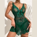 Deep green lace mesh bodysuit lingerie with floral patterns and satin bow accents - S / Green