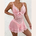 Detailed view of pink floral lace patterns and satin bow on sheer nightgown - Pink