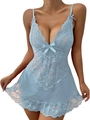 Close-up of light blue lace nightgown with floral embroidery and V-neckline detail - Light Blue