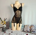 Zwarte kant korset bodysuit met verstelbare jarretelbandjes en mesh inzetstukken - S / Zwart