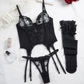 Conjunto de lencería con bordado floral, corsé con aro y medias de encaje a juego - S / Negro