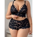 Completo intimo sexy in pizzo nero con reggiseno a V e culotte a vita alta - S