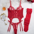 Completo intimo 3 pezzi in pizzo rosso con corsetto e calze su tessuto di seta bianco - S / Rosso