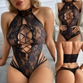 Sexy zwarte kanten teddy lingerie met choker en uitgesneden ontwerp met kruisbandjes - S / Zwart