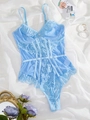 Light blue lace bodysuit with corset boning and sheer floral mesh details for women - S / Blue