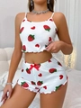 Tweeledige witte loungewear set met aardbeienprint en rode gegolfde randjes - S / Wit (Aardbei)