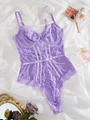 Slim fit purple lace bodysuit with mesh panels and adjustable straps for women - S / Purple