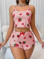 Roze tweedelige loungewear set met aardbeienprint en ruches voor dames - S / Roze (Aardbei)