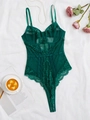 Deep green lace bodysuit with sheer mesh panels and supportive underwired cups - S / Green
