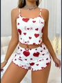 Witte tweedelige loungewear set met hartjesprint en ruches voor dameskleding - S / Wit (Hart)
