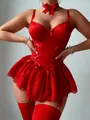Rotes dreiteiliges Dessous-Set mit Satin-Mieder, Federsaum-Rock und Halsband mit Schleife - XL / Rot und Strümpfe