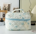 Borsa da trucco trapuntata con fiocchi blu chiaro e manico superiore da viaggio - Borsa a Mano Grande