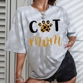 Women's grey Cat Mom leopard paw print loose t-shirt with short sleeves for summer wear - XS / Gray