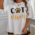 White cotton t-shirt featuring leopard print cat paw design and gold mom lettering - XS / White