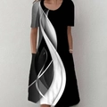Women's black short sleeve dress with white abstract curve print and round neck design - Black