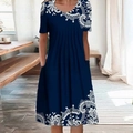 Dark blue short sleeve midi dress with V-neck and delicate white floral patterns - S / Bottoms / Navy Blue