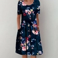 Short sleeve floral print dress in navy blue with side pockets and a round neckline - S / Bottoms / Navy Floral