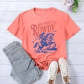 Flat lay of salmon pink cotton T-shirt with American vintage rider print and denim jeans - Pink