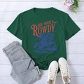 Flat lay of dark green T-shirt with vintage Red White and Rowdy horse rider print - Vintage Green