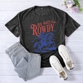 Flat lay of gray vintage cotton T-shirt with Red White and Rowdy cowboy graphic print - Black Heather Grey