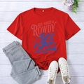 Flat lay of red cotton t-shirt with American vintage horse print and denim jeans decor - Red