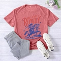 Flat lay of vintage Red White Rowdy t-shirt paired with denim jeans and canvas shoes - Rose Gold