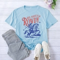 Flat lay detail of light blue Red White Rowdy equestrian print T-shirt with denim jeans - Light Blue