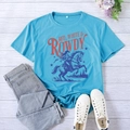Close-up of blue cotton T-shirt featuring vintage Red White & Rowdy horse riding print - Deep Water Blue