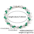 Silver bracelet with marquise-cut green and clear stones in leaf design, 18cm length - 17cm / Platinum Plated Green Zirconia